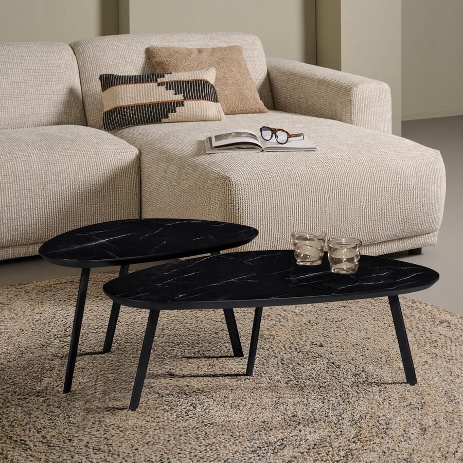 Woonexpress Salontafel Nyborg Lille MDF Metaal Zwart 75x38x44 98x32x58 cm (BxHxD) Marmer look Organisch