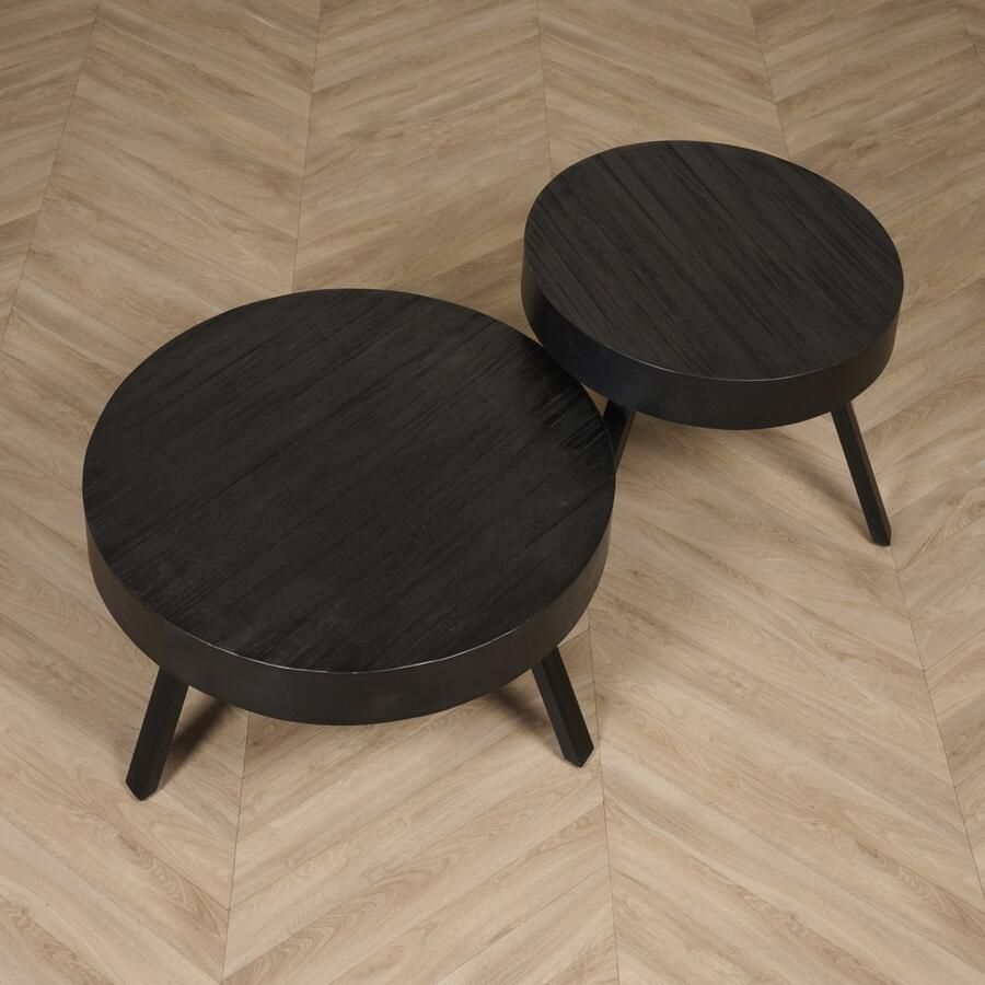 Woonexpress Salontafel Rennes Set 3 Stuks Teakhout Zwart 74x30x74 58x40x58cm (BxHxD) Gerecycled Hout