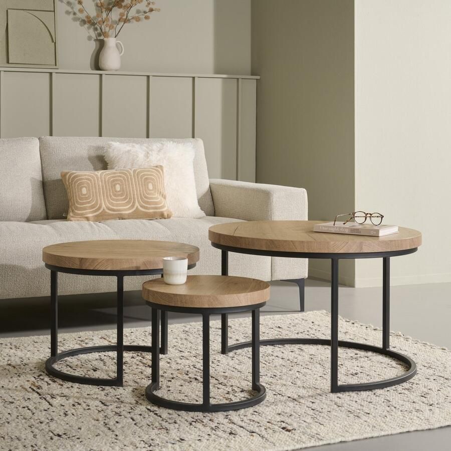 Woonexpress Sia Salontafel (set 3 Stuks) Hoenderloo Naturel MDF Fresh Oak Met Zwart Frame 51x75x75cm (hxbxd) - Foto 2