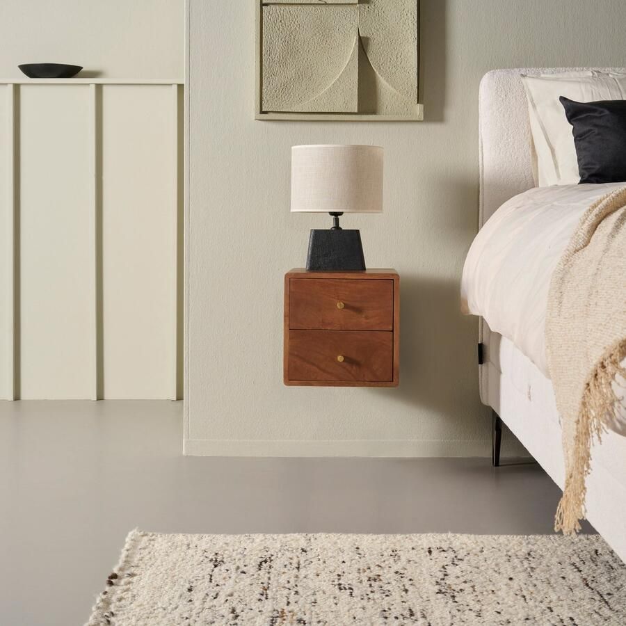 Woonexpress Zwevend Nachtkastje Borba Mangohout Bruin- 30x30x30 cm (BxHxD) 2 Lades Kleur American Walnut Wandmontage