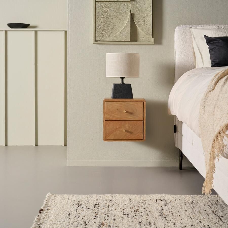 Woonexpress Zwevend Nachtkastje Borba Mangohout Lichtbruin 30x30x30 cm (BxHxD) 2 Lades Kleur Tikamoon Walnut Wandmontage
