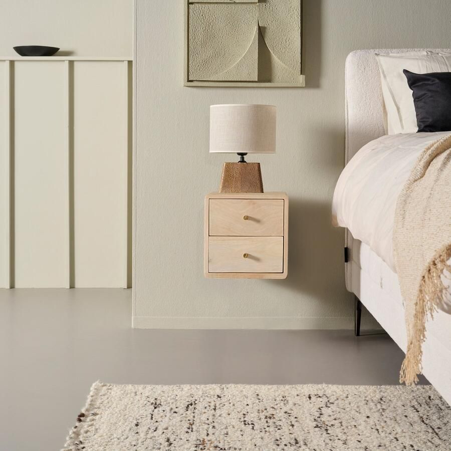 Woonexpress Zwevend Nachtkastje Borba Mangohout Naturel 30x30x30 cm (BxHxD) 2 Lades Kleur White Oak Wandmontage