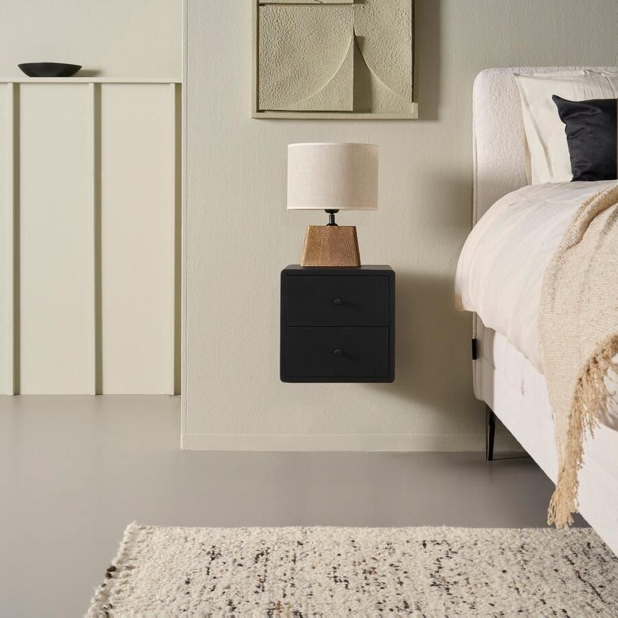Woonexpress Zwevend Nachtkastje Borba Mangohout Zwart- 30x30x30 cm (BxHxD) 2 Lades Kleur Black Wandmontage