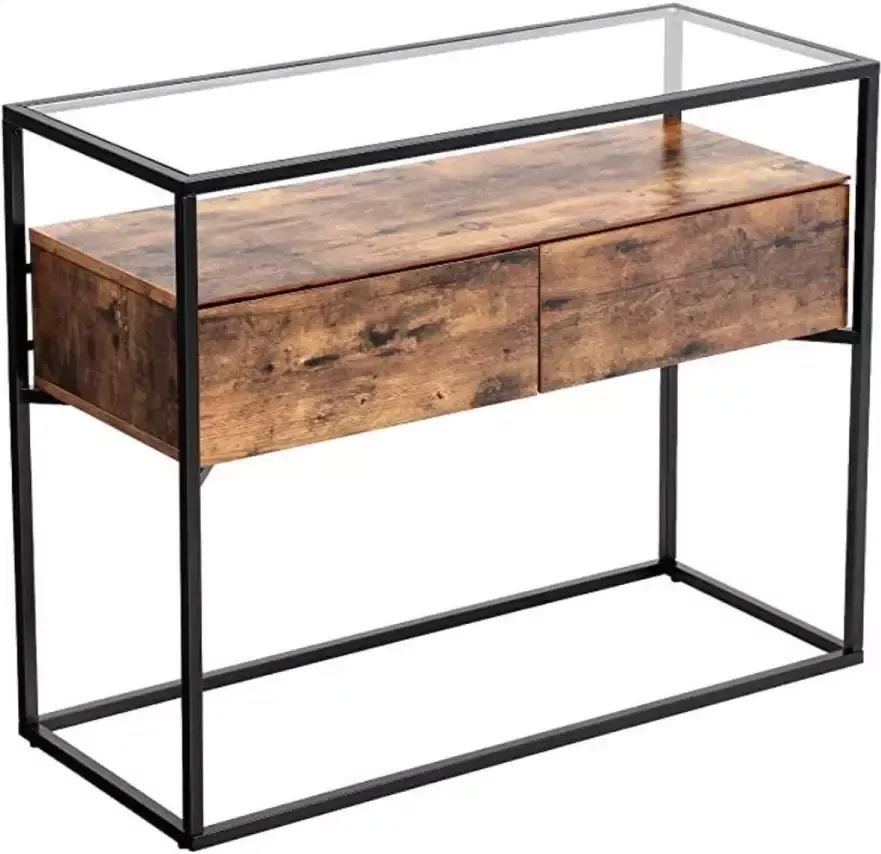 WoonWerkInterieur Console Tafel Industrieel Ontwerp Stabiele Console Glastafel Met 2 Laden Dressoir Gangtafel Bijzettafel Lounge Foyer Vintage Bruin zwart LNT11BX