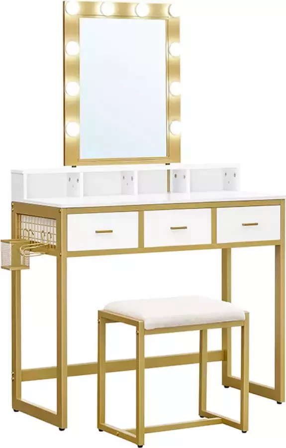 WoonWerkInterieur Kaptafel Set Tafel Wit Gouden Details Inclusief Spiegel 10 Gloeilampen Kruk 90x40x145 5 cm