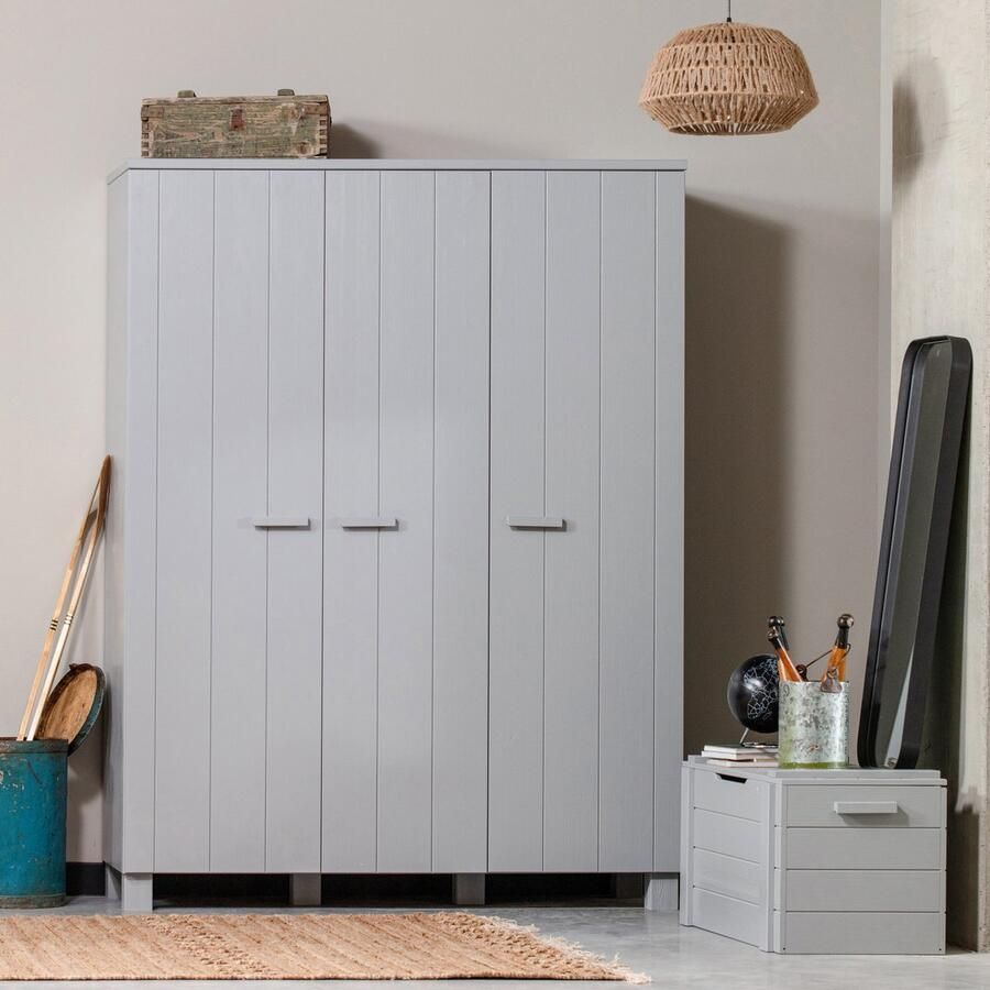 WOOOD Dennis 3-Deurs Kast Grenen Geborsteld Betongrijs 202x158x55 - Foto 4