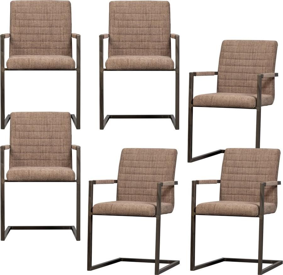 WOOOD Bas Eetkamerstoelen Geweven Stof Bruin Melange Set van 6
