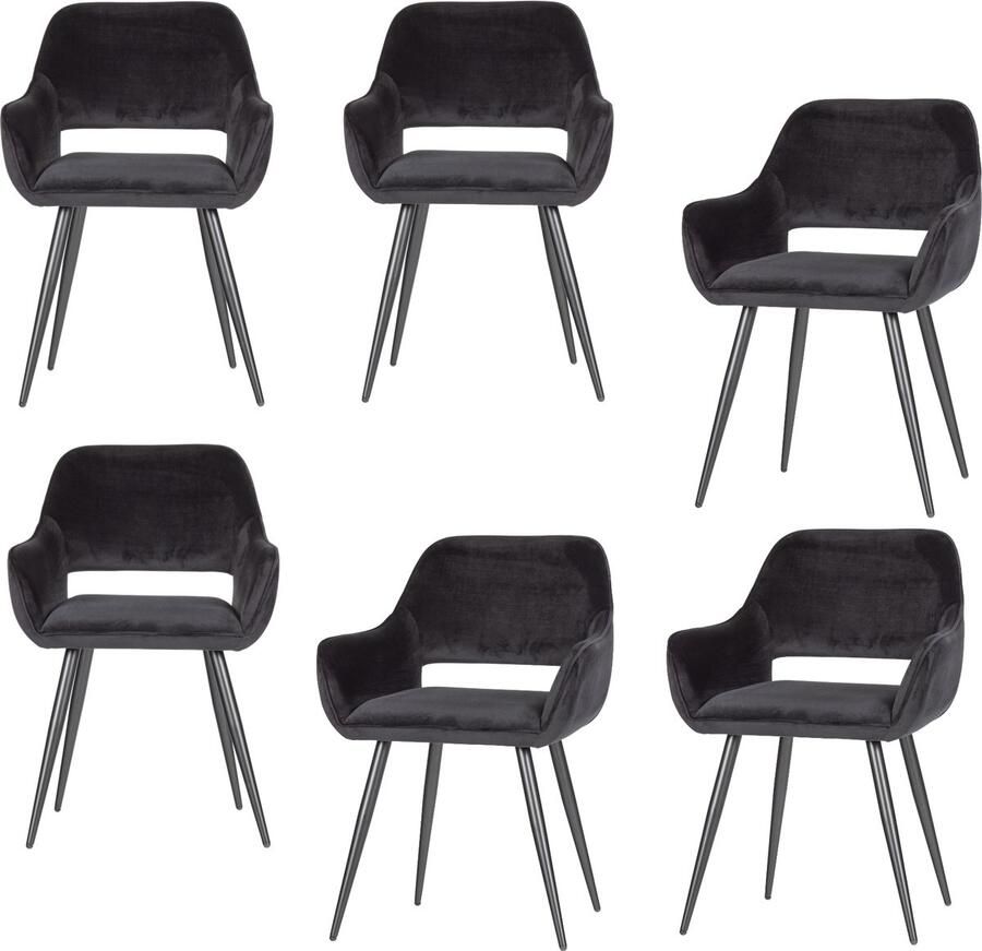 WOOOD Jelle Eetkamerstoelen Velvet Zwart Set van 6