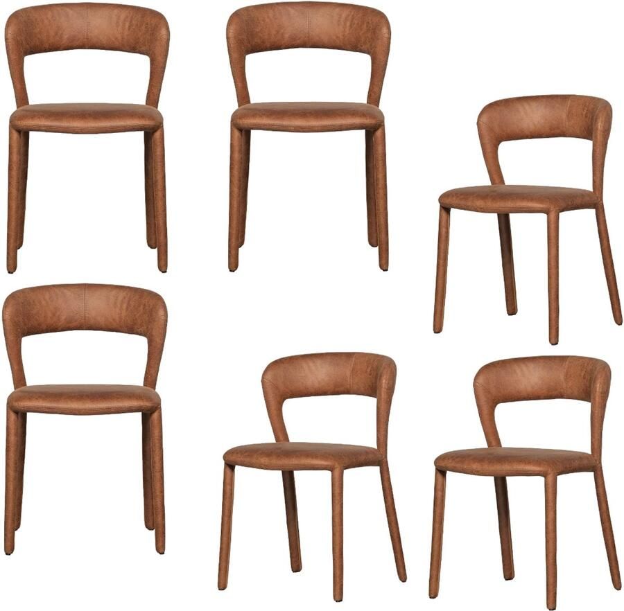 WOOOD Noble Eetkamerstoelen Leerlook Cognac Set van 6