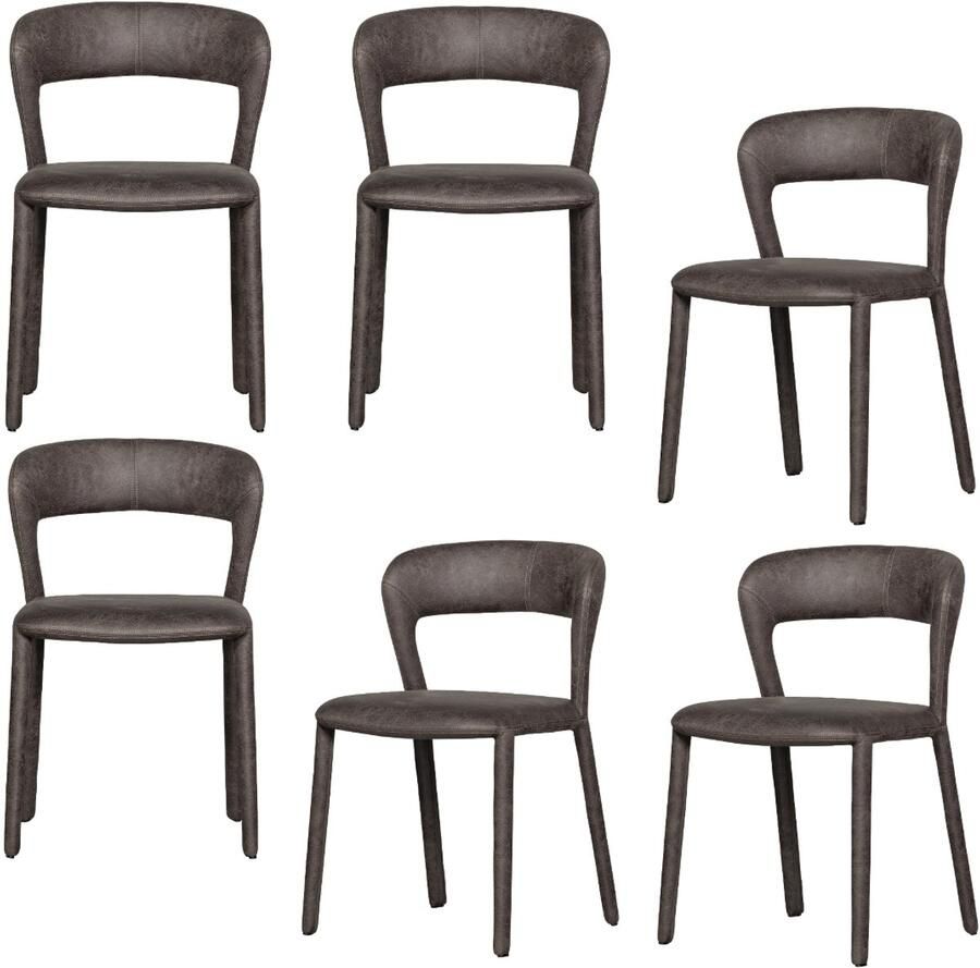 WOOOD Noble Eetkamerstoelen Leerlook Zwart Grijs Set van 6