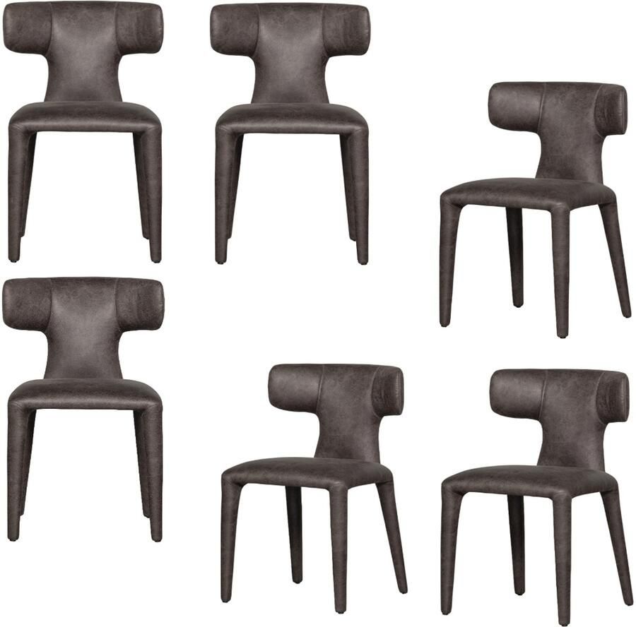 WOOOD Permit Eetkamerstoelen Leerlook Zwart Grijs Set van 6