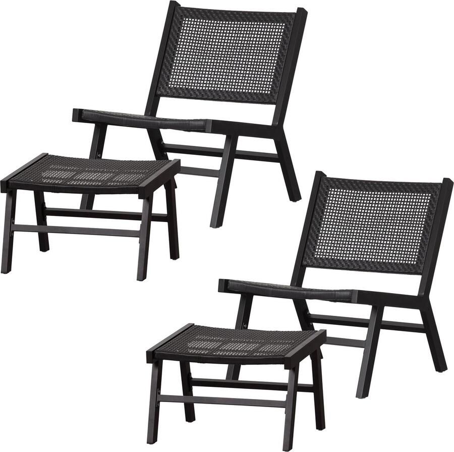 WOOOD Puk Tuin Fauteuils + Hocker Aluminium Zwart Set van 2