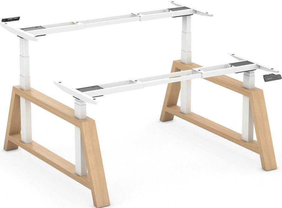 Worktrainer – OakDesk Duo Zit Sta Bureau Elektrisch Frame – In Hoogte Verstelbaar Bureau Onderstel Voor 2 Personen Hoogte 73 5- 137 5 cm Breedte 107 5-180 cm – Wit Eiken Linak Ultra moderne DPG Memory Bediening