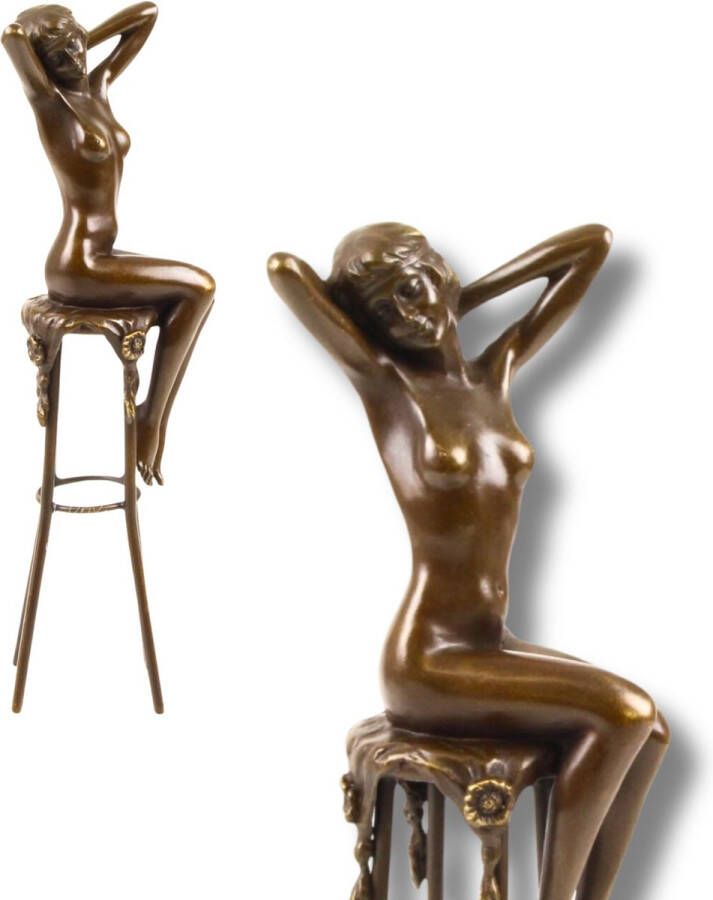 Erotisch bronzen beeld vrouw op kruk – kunstzinnige erotische sculptuur 'Awakening' van brons – decoratieve sensuele figuratie voor interieur en collectie - Foto 2