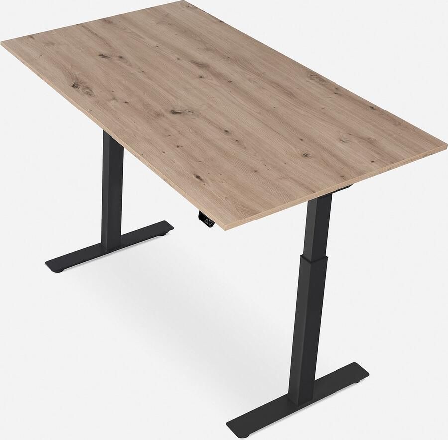 WRK21 SMART Metalen Zit Sta Bureau Elektrisch Verstelbaar in Hoogte met 2 Motoren en Anti Botsing – Gemaakt in Duitsland 140 x 80 cm Eiken Blad & Zwart Onderstel