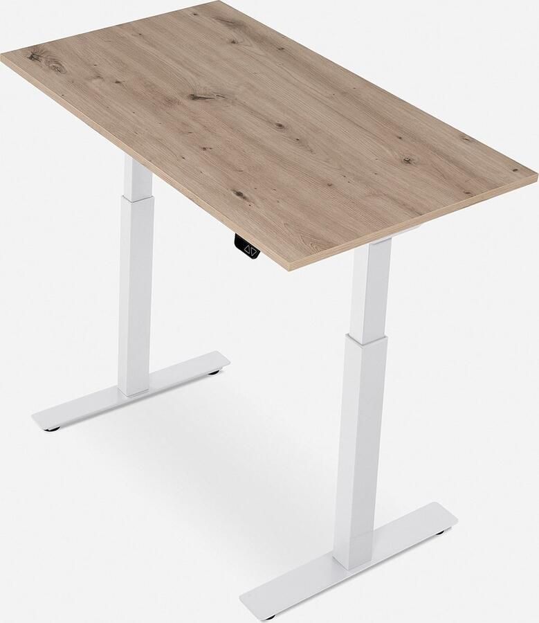 WRK21 SMART Metalen Zit Sta Bureau Elektrisch Verstelbaar in Hoogte met 2 Motoren en Anti Botsing – Gemaakt in Duitsland 100 x 60 cm Eikenkleurig Blad & Wit Onderstel