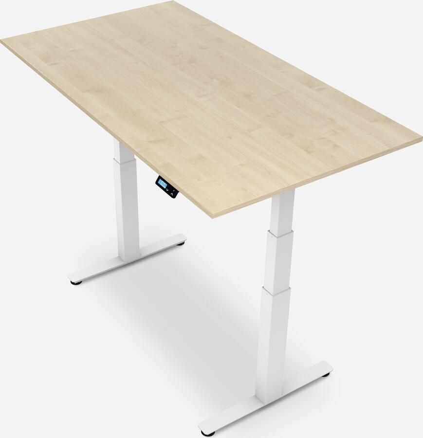 WRK21 WORK Metalen Zit Sta Bureau Elektrisch Verstelbaar in Hoogte met 2 Motoren en Anti Botsing – Gemaakt in Duitsland 140 x 80 cm Esdoorn Blad & Wit Onderstel