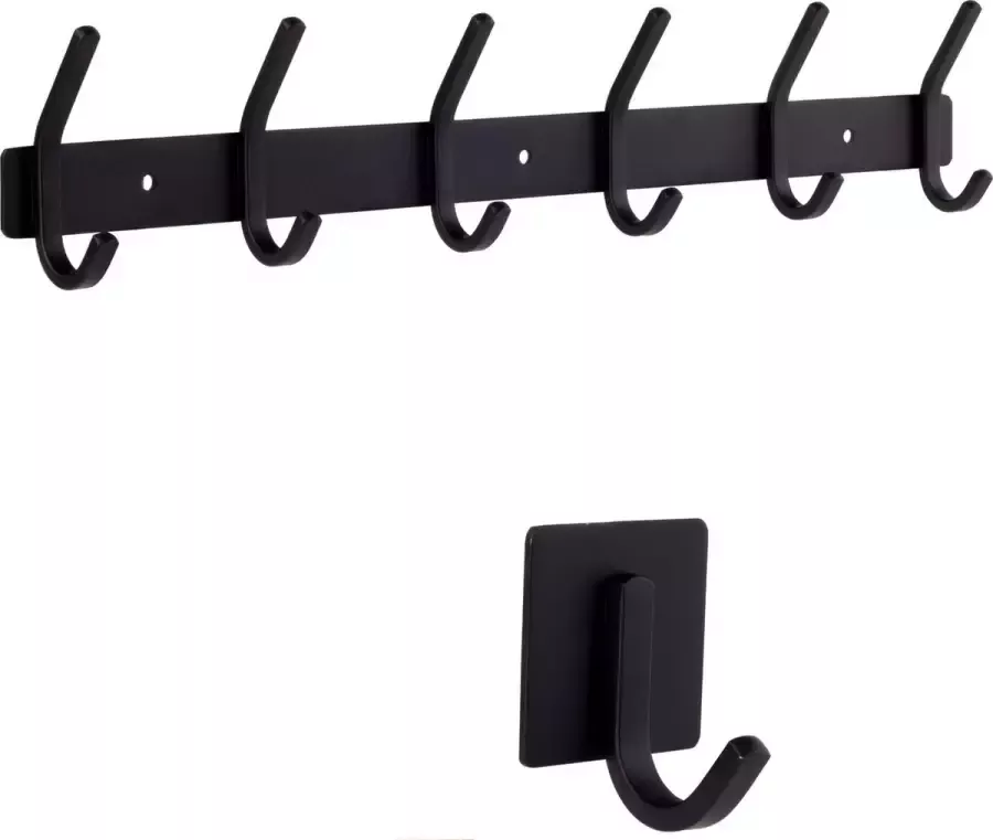 WW & Friends smartpeas Hook Bar Wall Hanger Kapstok Zwart Roestvrij geborsteld staal 6 vaste haken tot 30K Plus: 1 zelfklevende haak