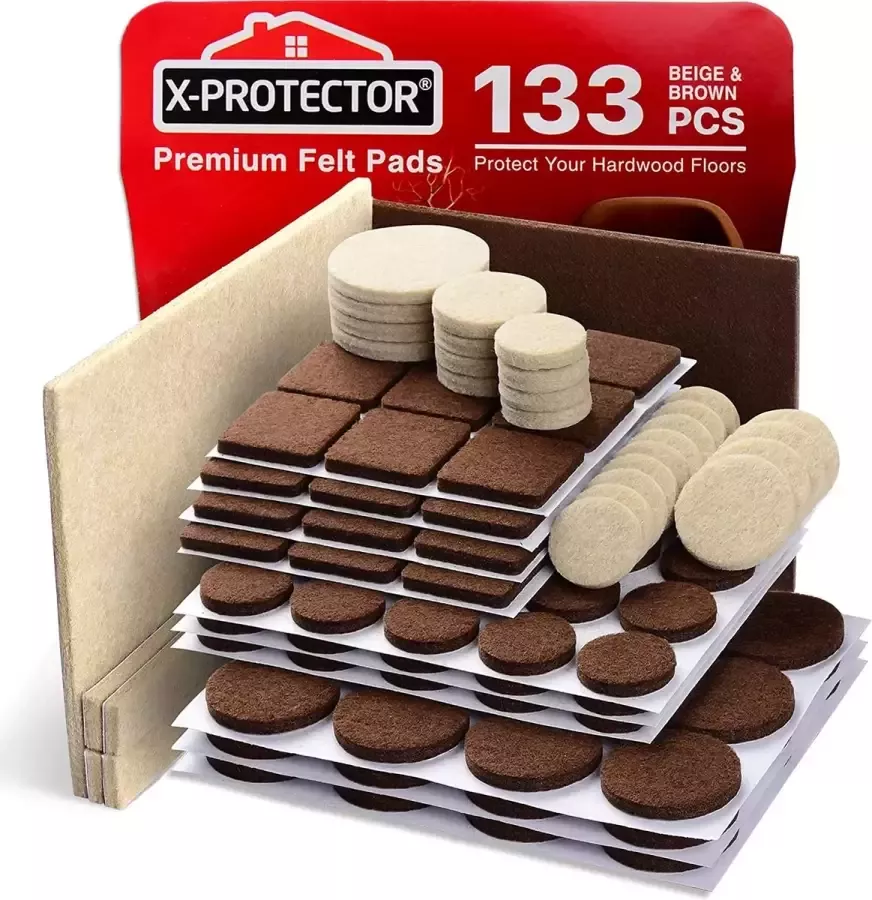 X-Protector Premium 2 Kleuren Pack Meubelpads 133 Stuk! Vilt Pads Meubels Voeten Bruin 106 + Beige 27 Verschillende Maten Beste Houten Vloerbeschermers. Bescherm Hardhout & Laminaatvloeren