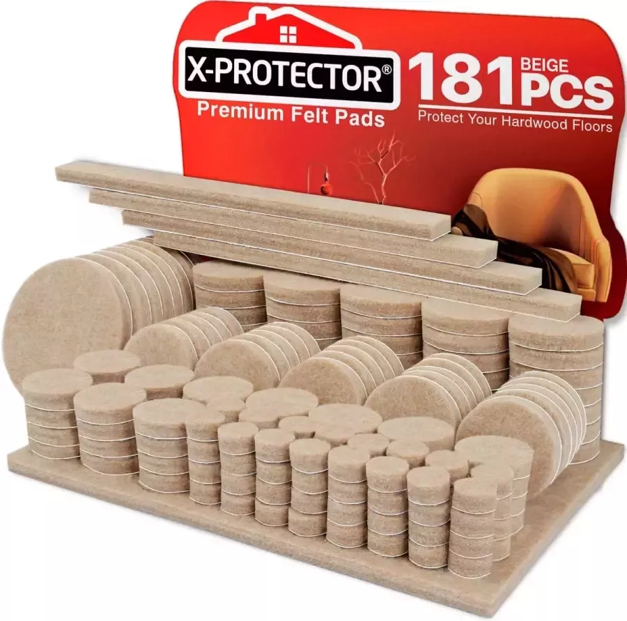 X-Protector Vilten meubelpads 181 stuks Premium vloerbeschermers voor meubels Ultra Large Pack Alle maten Meubelvilten pads voor meubelvoeten Bescherm uw houten vloeren!