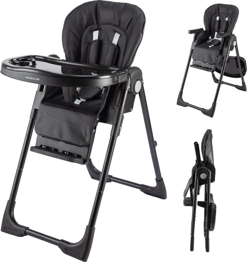 Xadventure X Adventure Nappa Inklapbare Kinderstoel Peuterstoel – Compact Inklapbaar & meerdere Standen – Inclusief 5-puntsgordel & Afneembaar Eetblad -Zwart