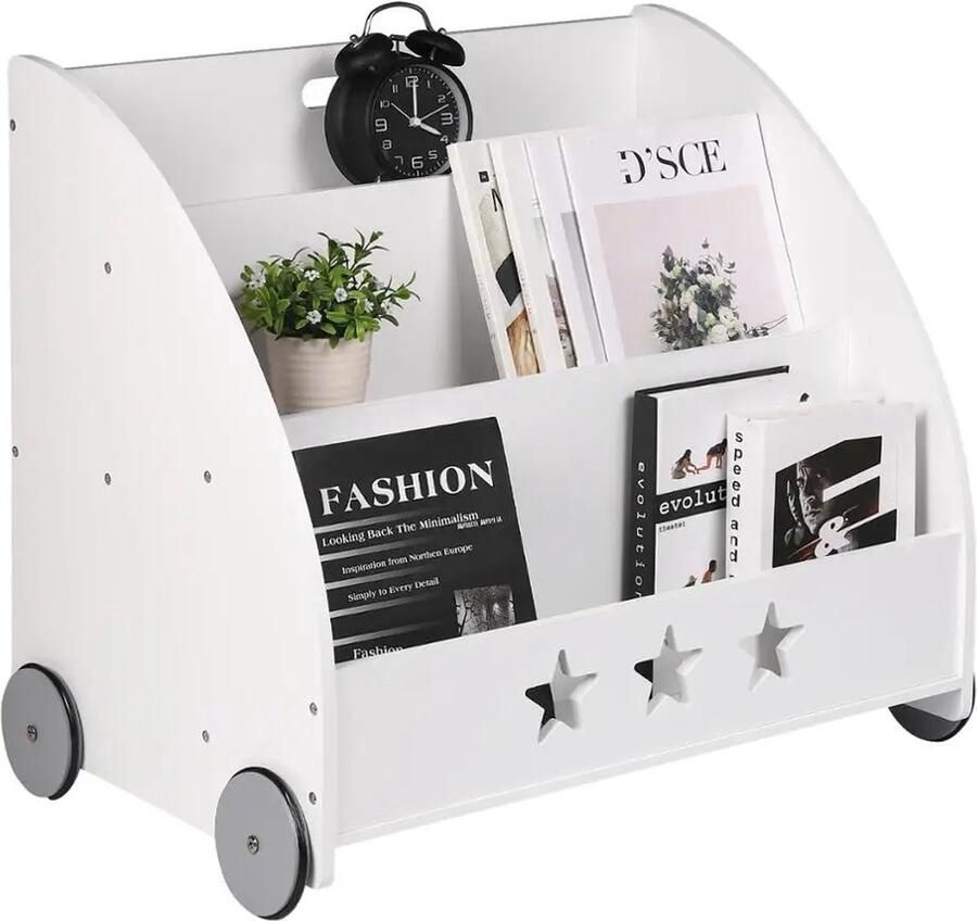 WIT Multifunctionele Kinderboekenkast 4 Geruisloze Rubberen Wielen- Opslag- en Boekenplank Praktische Boekenkast Boekenrek Speelgoedplank 3 Planken 62 x 42 x 57 Gezellige Sfeer in de kinderkamer te Creëren Ruimte Efficiënt te Benutten MDF