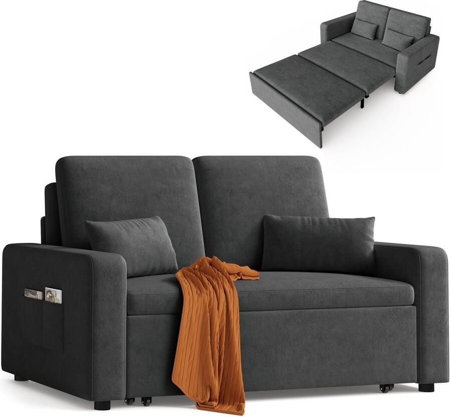 Xbro 2-zits Slaapbank – 3-in-1 Opvouwbare Slaapstoel en Bankstel met Verstelbare Rugleuning – Comfortabele Zetel en Tweepersoonsbed voor Woonkamer Slaapkamer of Logeerkamer-Donkergrijs