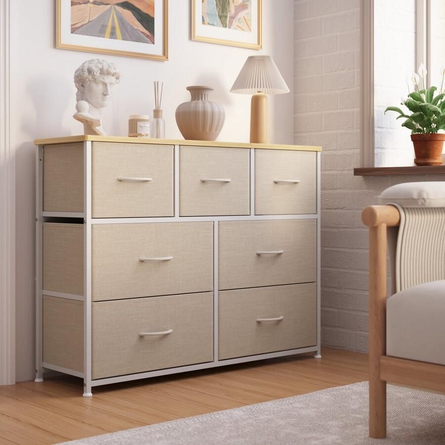 Xbro Ladekast – Dressoir met 7 stoffen lades met handgrepen – houten bovenblad metalen frame –beige – ideaal voor slaapkamer woonkamer hal keuken of kantoorf