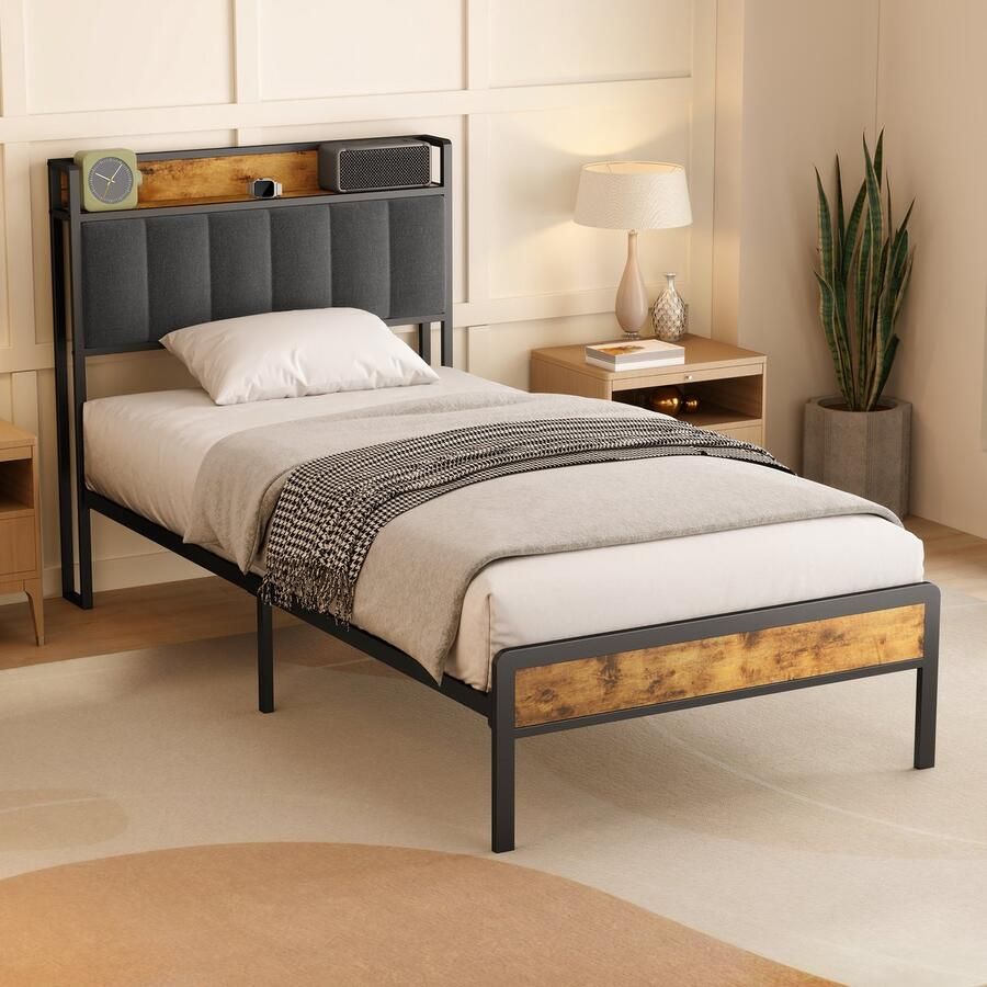 Xbro Metalen eenpersoonsbed 220×90×111 cm – Met hoofdbord stevig & geruisloos geen boxspring nodig eenvoudige montage – zwart