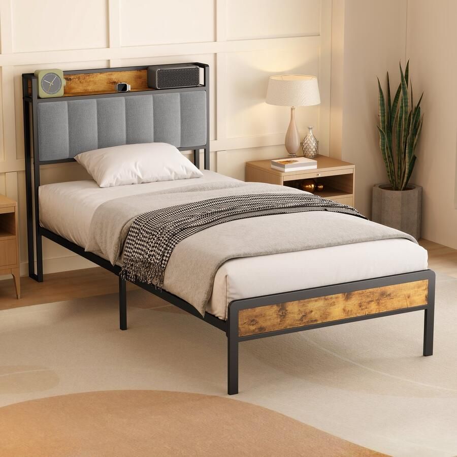 Xbro Metalen eenpersoonsbed 220×90×111 cm – Met hoofdbord stevig & geruisloos geen boxspring nodig eenvoudige montage – Lichtgrijs