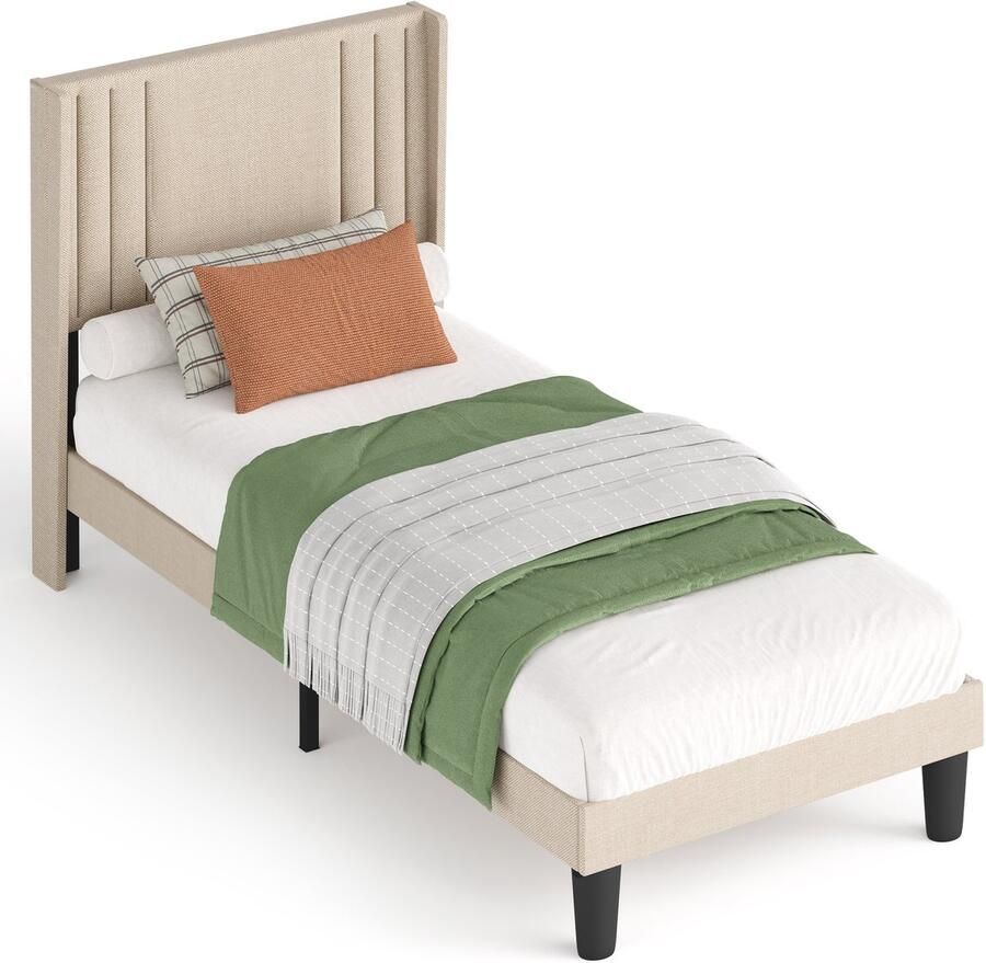 Xbro Eenpersoonsbed – 90x200 cm – Platform Bedframe met Houten Latten – Minimalistisch & Stevig – Beige – Geen Boxspring Nodig