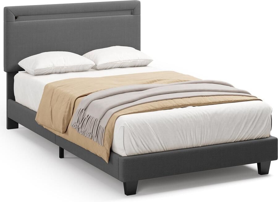 Xbro Gestoffeerd Bed 90 x 200 cm – met Bedhoofdbord LED-Verlichting – Eenpersoonsbed met Hoofdbord en Lattenbodem – Grijs