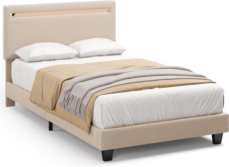 Xbro Gestoffeerd Bed 90 x 200 cm – met Bedhoofdbord LED-Verlichting – Eenpersoonsbed met Hoofdbord en Lattenbodem – Beige