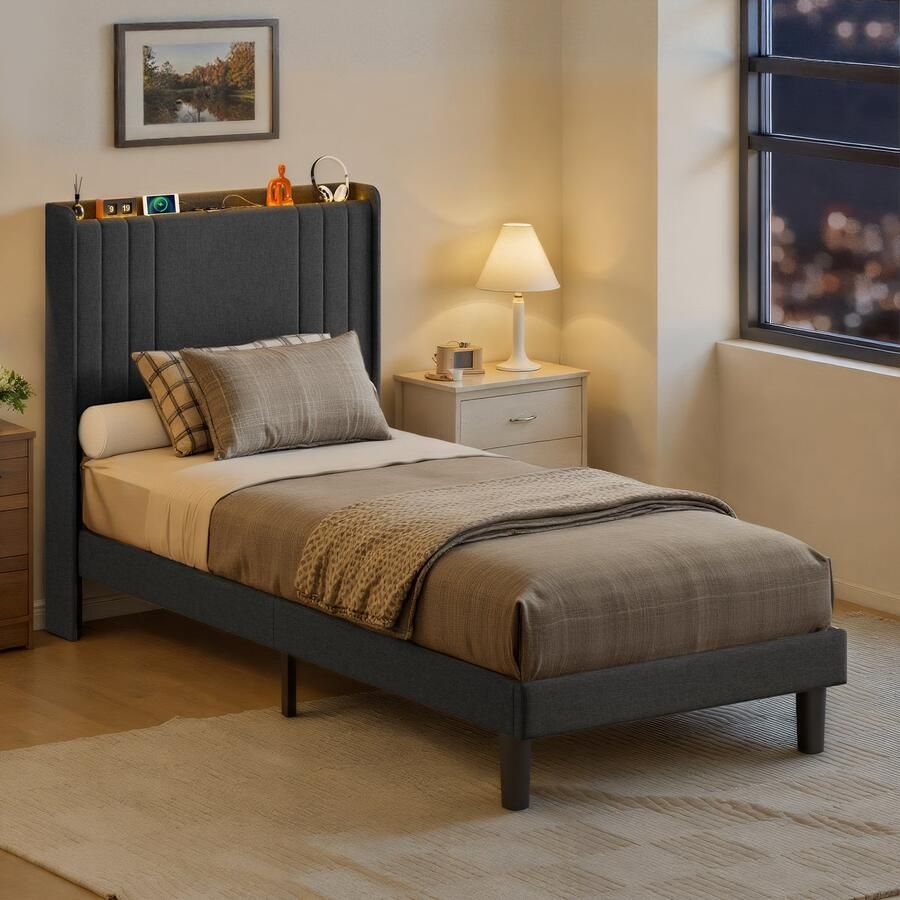 Xbro Gestoffeerd Bed 90 x 200 cm – met Bedhoofdbord met Opbergruimte & USB Type-C Oplaadpoort – Eenpersoonsbed met Hoofdbord en Lattenbodem – Grijs