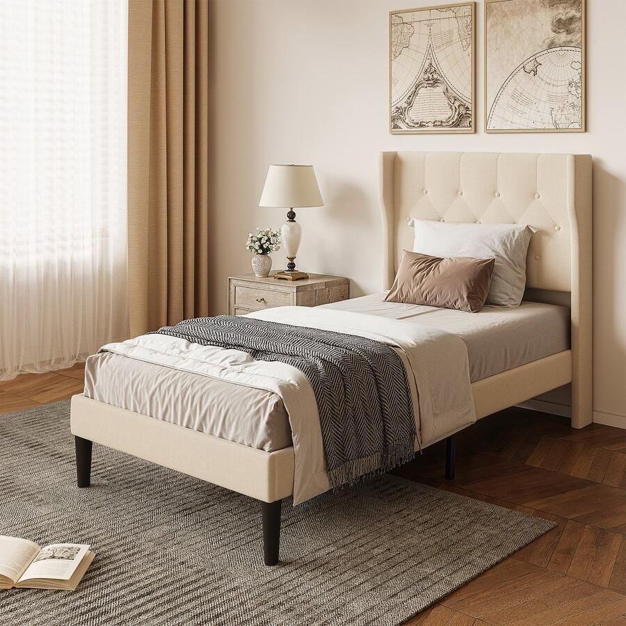 Xbro Gestoffeerd Bed 90 x 200 cm met Hoofdbord en Lattenbodem Eenpersoonsbed met 20 cm Opbergruimte Gemakkelijk te Monteren