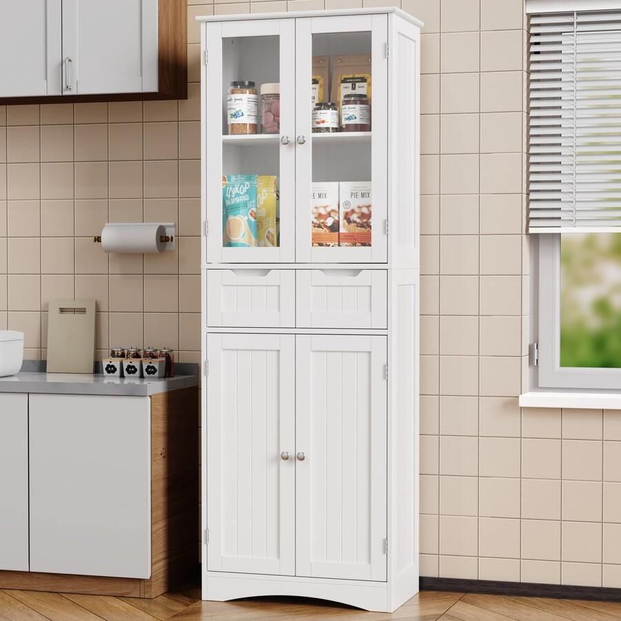 Xbro Keukenkast met Transparante Bovenkast en 2 Laden – Voorraadkast met Anti-Kantelbeveiliging – Hoge Opbergkast voor Keuken Woonkamer of Washok – 60x30x170 cm