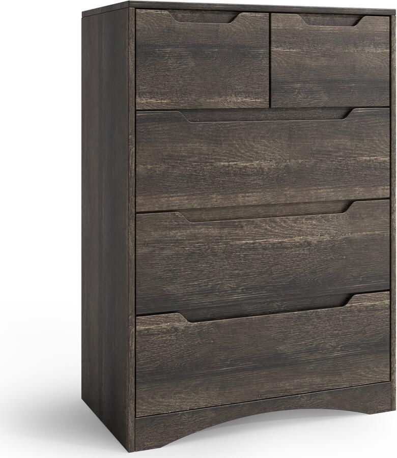 Xbro Ladekast met 5 Ruime Laden – Commode met Uitgesneden Handgrepen en Kantelbeveiliging – Voor Slaapkamer Woonkamer of Kantoor – donkerbruin – 72 x 41 x 94 cm