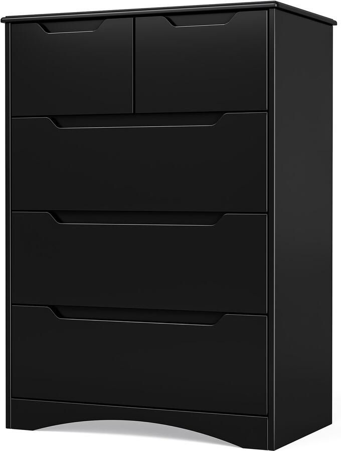 Xbro Ladekast met 5 Ruime Laden – Commode met Uitgesneden Handgrepen en Kantelbeveiliging – Voor Slaapkamer Woonkamer of Kantoor – Zwart – 72 x 41 x 94 cm