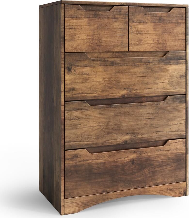 Xbro Ladekast met 5 Ruime Laden – Commode met Uitgesneden Handgrepen en Kantelbeveiliging – Voor Slaapkamer Woonkamer of Kantoor – lichtbruin – 72 x 41 x 94 cm