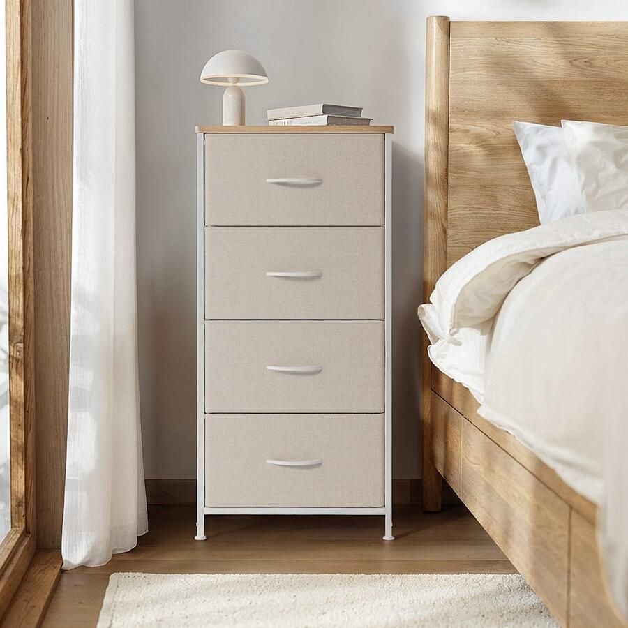 Xbro Ladekast – Dressoir met 4 stoffen lades –beige – houten bovenblad metalen frame met X-steun – compact 45×30×95 cm – ideaal voor slaapkamer woonkamer hal keuken of kantoor