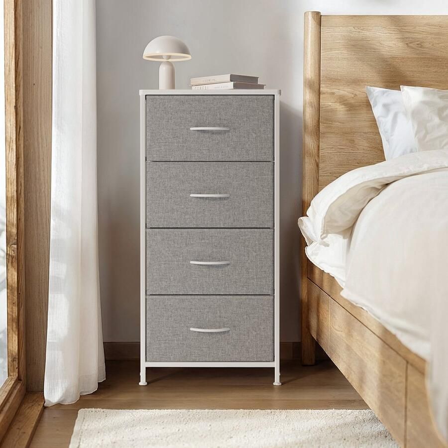 Xbro Ladekast – Dressoir met 4 stoffen lades – grijs – houten bovenblad metalen frame met X-steun – compact 45×30×95 cm – ideaal voor slaapkamer woonkamer hal keuken of kantoor