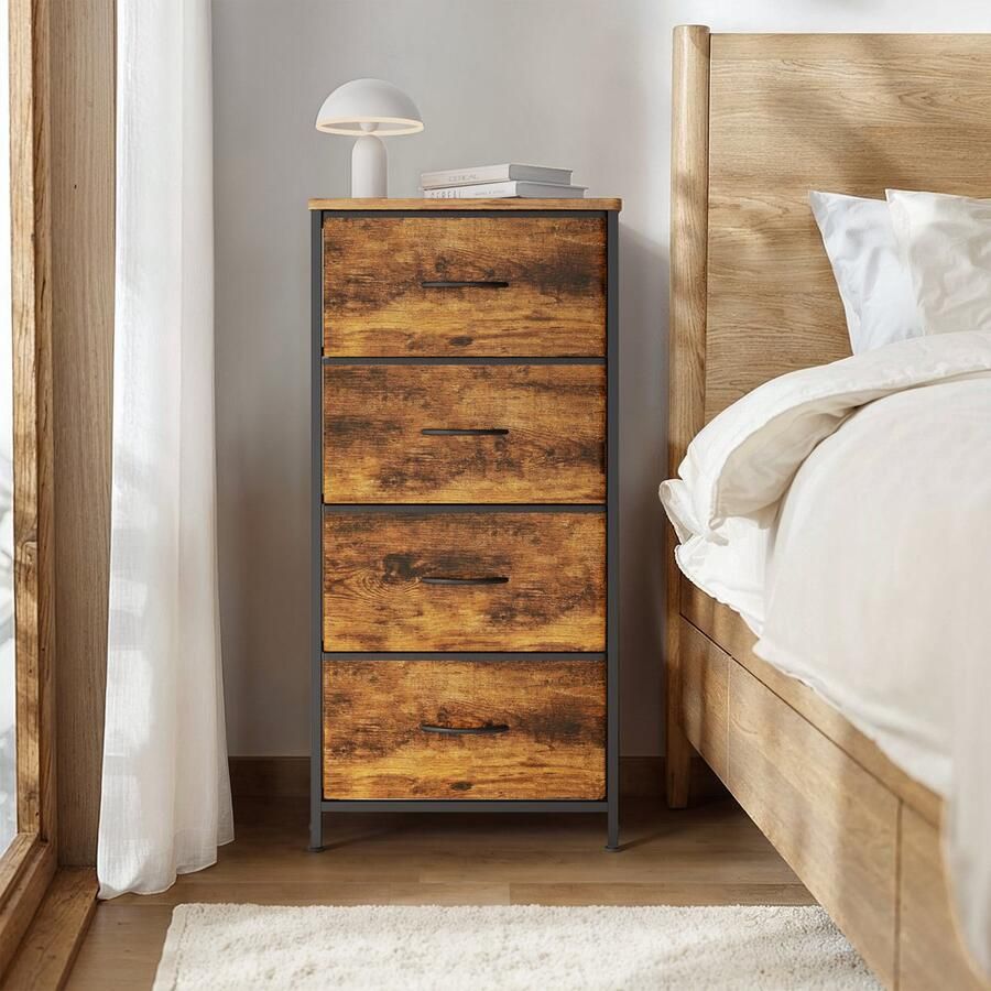 Xbro Ladekast – Dressoir met 4 stoffen lades – retro – houten bovenblad metalen frame met X-steun – compact 45×30×95 cm – ideaal voor slaapkamer woonkamer hal keuken of kantoor