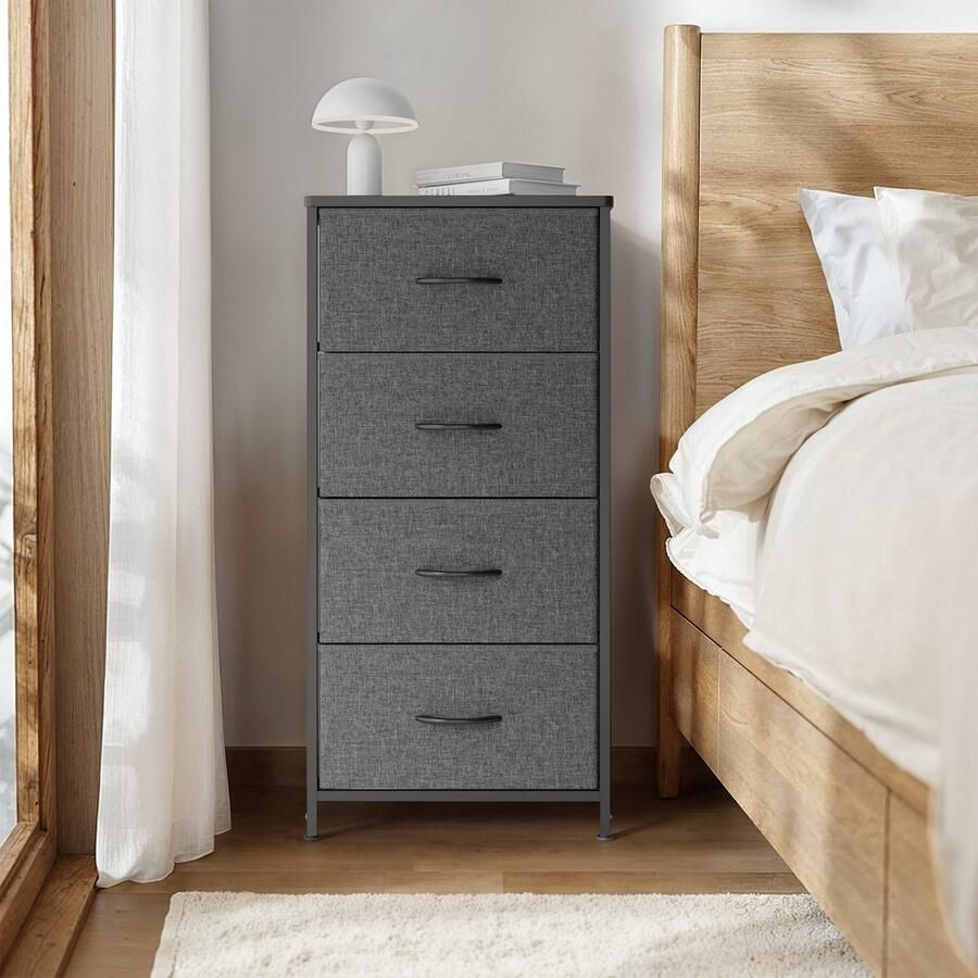 Xbro Ladekast – Dressoir met 4 stoffen lades – zwart – houten bovenblad metalen frame met X-steun – compact 45×30×95 cm – ideaal voor slaapkamer woonkamer hal keuken of kantoor