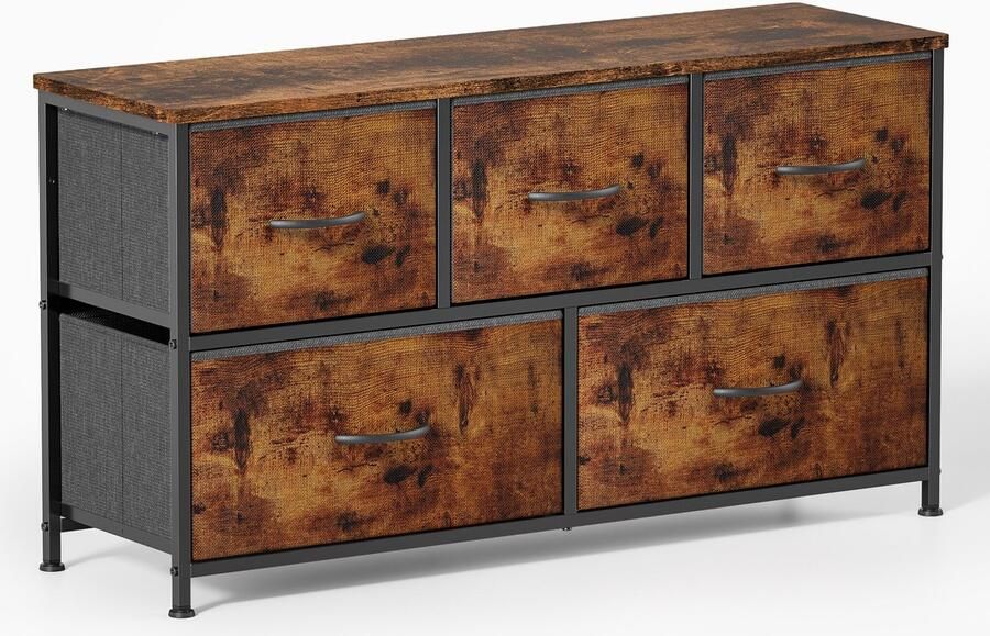 Xbro Ladekast – Dressoir met 5 stoffen lades compact & multifunctioneel – retro houten bovenblad metalen frame – ideaal voor slaapkamer woonkamer hal – breedte ca.100 cm