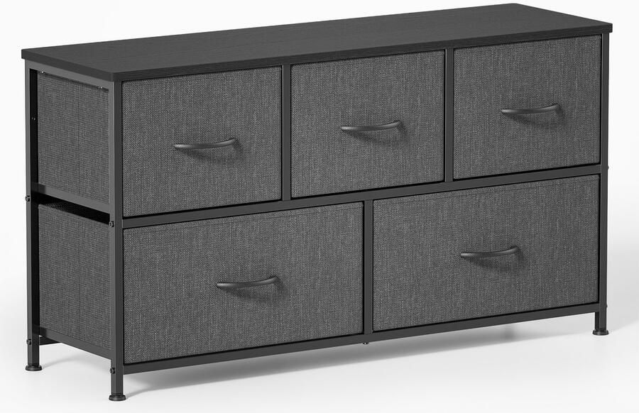 Xbro Ladekast – Dressoir met 5 stoffen lades compact & multifunctioneel – zwart houten bovenblad metalen frame – ideaal voor slaapkamer woonkamer hal – breedte ca.100 cm