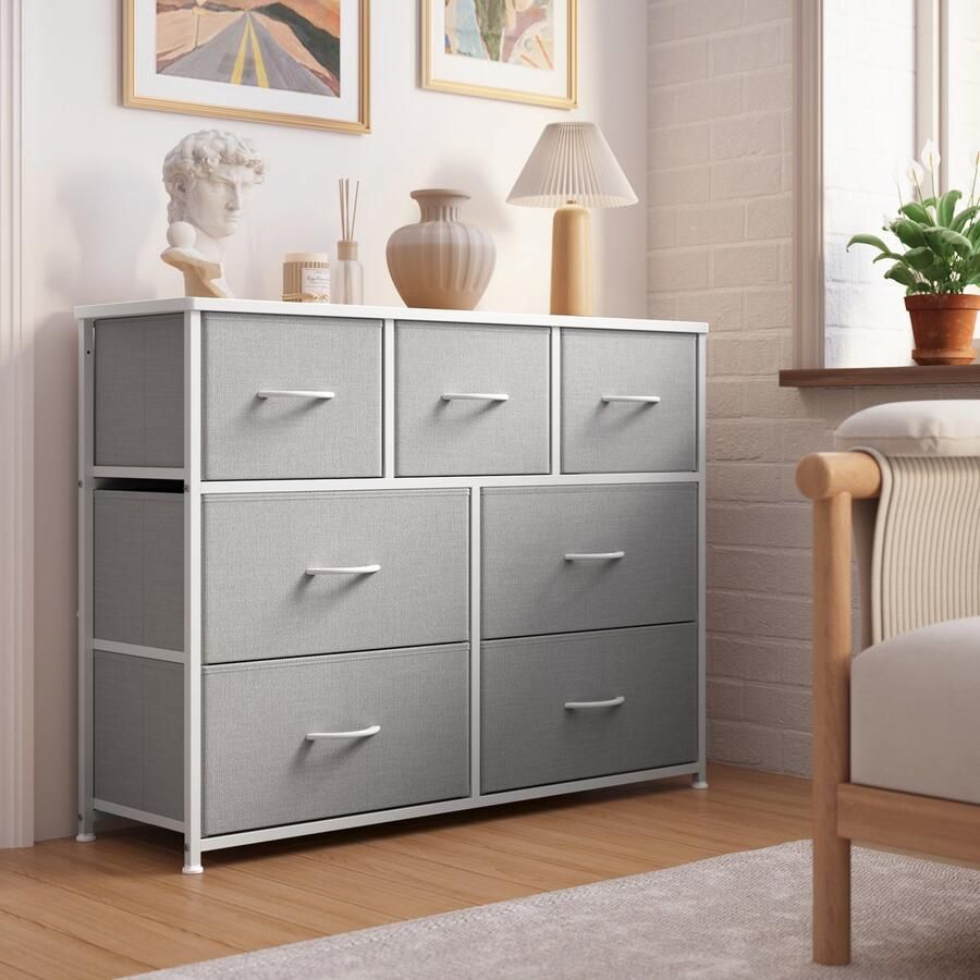 Xbro Ladekast – Dressoir met 7 stoffen lades met handgrepen – houten bovenblad metalen frame – grijs – ideaal voor slaapkamer woonkamer hal keuken of kantoorf