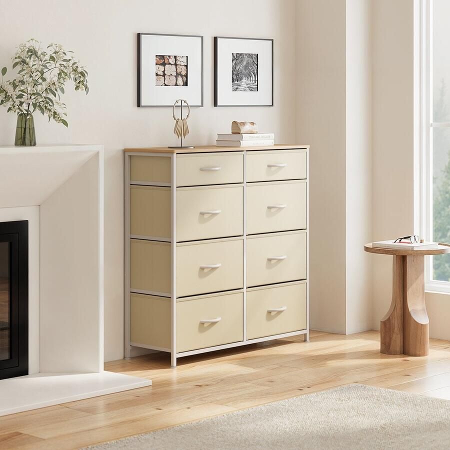 Xbro Ladekast – Dressoir met 8 stoffen lades compact & multifunctioneel – beige houten bovenblad (met afgeronde hoeken) metalen frame met X-steun + anti-kantelaccessoire – ideaal voor slaapkamer woonkamer hal