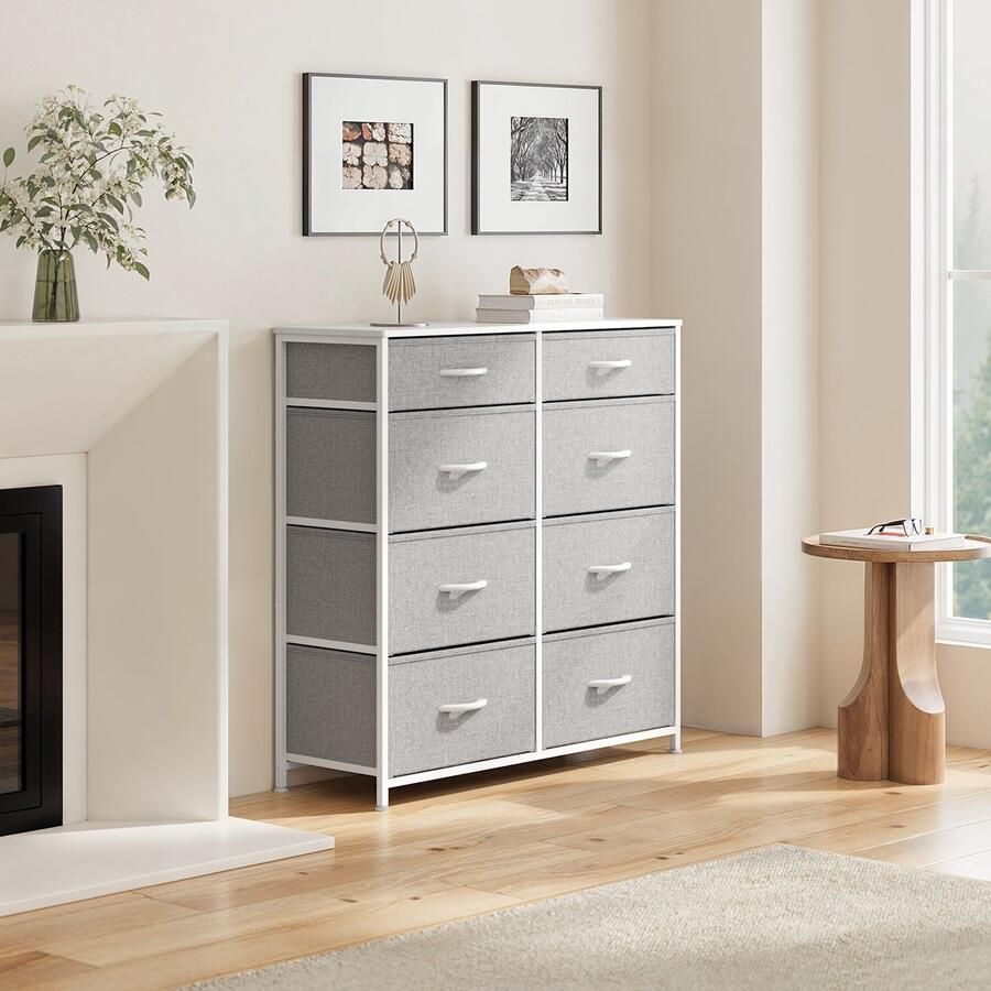 Xbro Ladekast – Dressoir met 8 stoffen lades compact & multifunctioneel – grijs houten bovenblad (met afgeronde hoeken) metalen frame met X-steun + anti-kantelaccessoire – ideaal voor slaapkamer woonkamer hal