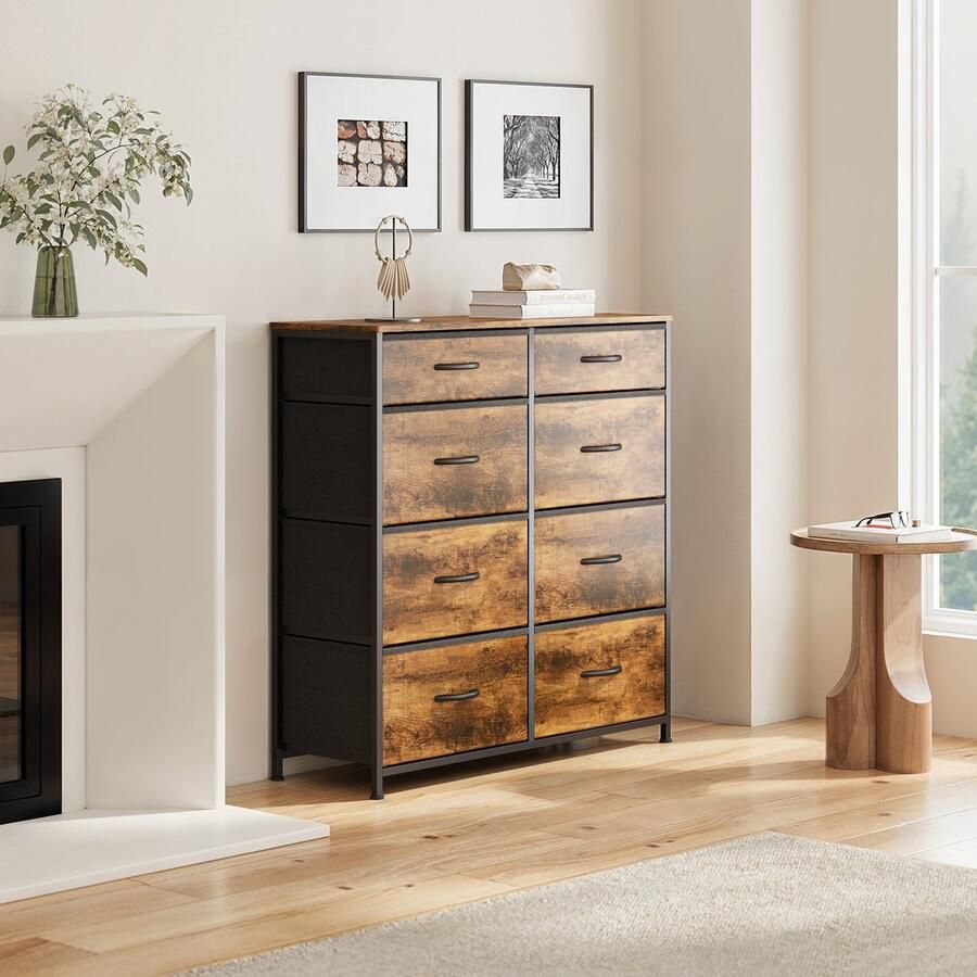 Xbro Ladekast – Dressoir met 8 stoffen lades compact & multifunctioneel – retro houten bovenblad (met afgeronde hoeken) metalen frame met X-steun + anti-kantelaccessoire – ideaal voor slaapkamer woonkamer hal