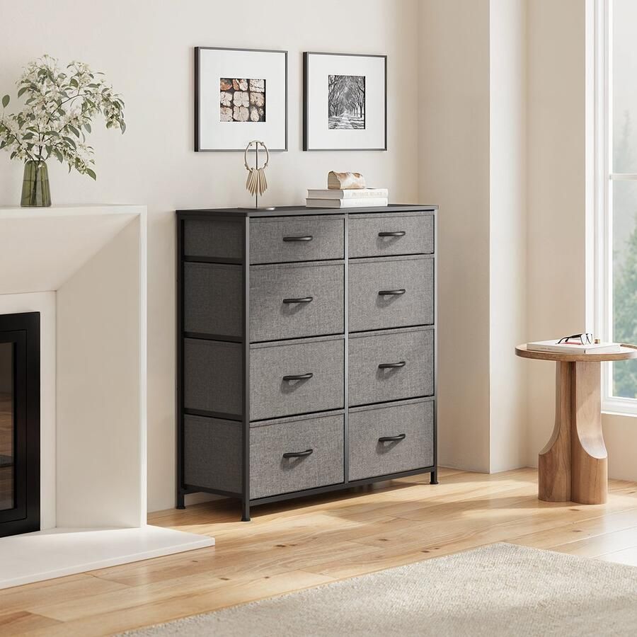 Xbro Ladekast – Dressoir met 8 stoffen lades compact & multifunctioneel – zwart houten bovenblad (met afgeronde hoeken) metalen frame met X-steun + anti-kantelaccessoire – ideaal voor slaapkamer woonkamer hal